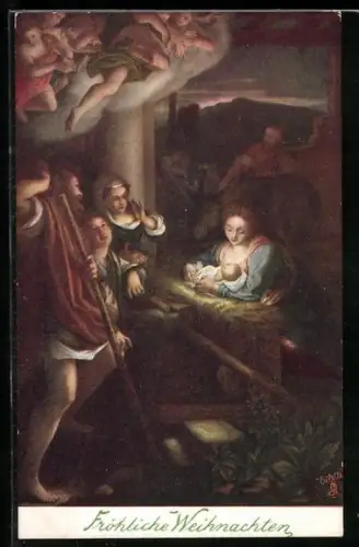 Künstler-AK Jungfrau Maria mit dem Jesus Kind, Engel und Pilger