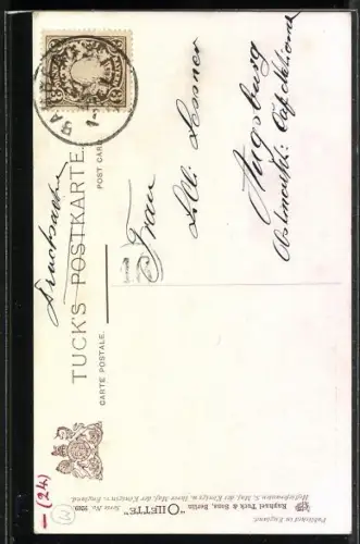 Künstler-AK Jungfrau Maria mit dem Jesus Kind, Engel und Pilger