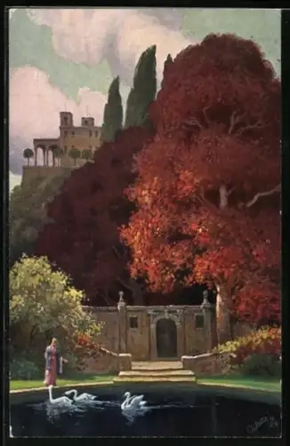 Künstler-AK Raphael Tuck & Sons Nr. 453: Schwanenteich im Herbst