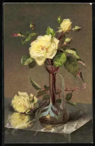 AK Glasvase mit gelben Rosen auf einem Tisch