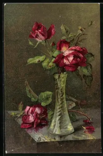 Künstler-AK Raphael Tuck & Sons Nr. 1762: Rosen in einer Glasvase