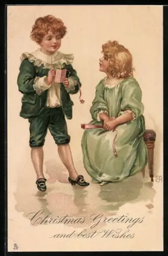 Künstler-AK Raphael Tuck & Sons Nr. 8057: Kleines Paar mit Tanzkarte, Christmas Greetings