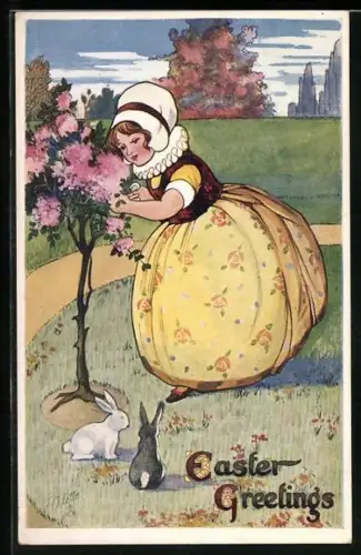 Künstler-AK Raphael Tuck & Sons Nr. E1162: Mädchen und Osterhasen im Frühling