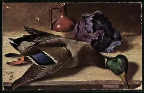 AK erlegte Ente neben einem Rotkohl