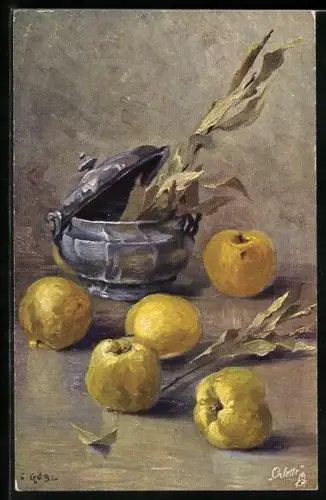 AK Gelbe Äpfel mit einem Silbergefäss