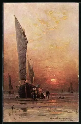 Künstler-AK Raphael Tuck & Sons Nr. 9184: Segelschiff am Strand bei Sonnenuntergang