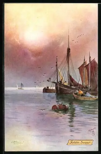 Künstler-AK Raphael Tuck & Sons Nr. 6283: Fishing in the North Sea, Golden Sunset