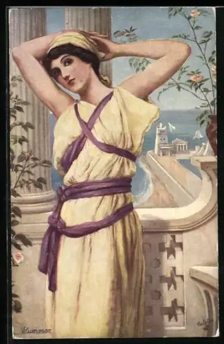 Künstler-AK Raphael Tuck & Sons Nr. 9371: Graeco-Roman Studies, Griechin im Sommer am Meer