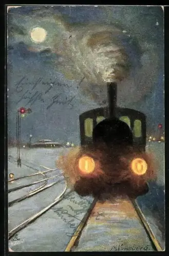 Künstler-AK Georg Mühlberg: Eisenbahn verlässt den Bahnhof