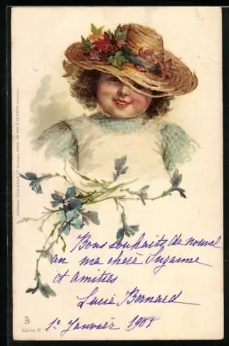 Künstler-AK Raphael Tuck & Sons Nr. 12: Kind mit Hut, blühende Blumen