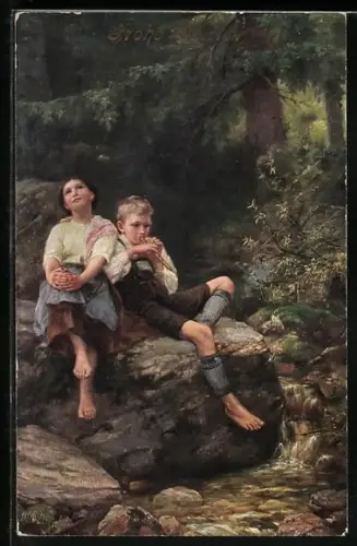 Künstler-AK Raphael Tuck & Sons Nr. 855: Dorfkinder, Mädchen und Junge am Bachufer im Wald