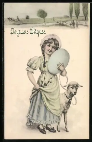 Künstler-AK V.K., Vienne Nr. 4040: Mädchen mit Osterei und Lamm, Ostergruss