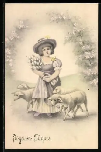 Künstler-AK V.K., Vienne Nr. 4023a: Fräulein mit Lämmern, Ostergruss