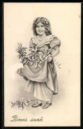 Künstler-AK V.K., Vienne Nr. 5055: Fräulein mit Mistelzweigen, Neujahrsgruss