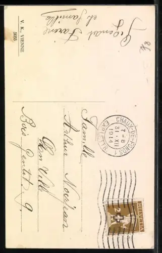 Künstler-AK V.K., Vienne Nr. 5055: Fräulein mit Mistelzweigen, Neujahrsgruss