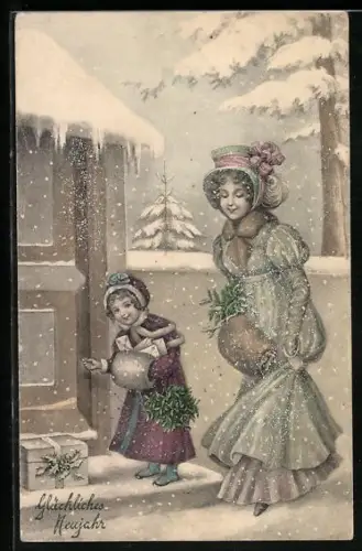 Künstler-AK V.K., Vienne Nr.5133: Mutter mit KInd mit Geschenken an einer Haustür