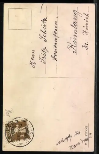 Künstler-AK V.K., Vienne Nr.5133: Mutter mit KInd mit Geschenken an einer Haustür