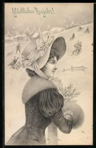 Künstler-AK V.K., Vienne Nr. 5008b: Fräulein schaut Schlittenfahrern zu, Neujahrsgruss