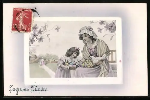 Künstler-AK V.K., Vienne Nr. 4044: Frau und Mädchen mit Osterkorb, Ostergruss