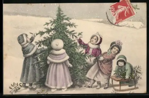 Künstler-AK V.K., Vienne Nr. 5033: Kinder bewundern einen Tannenbaum