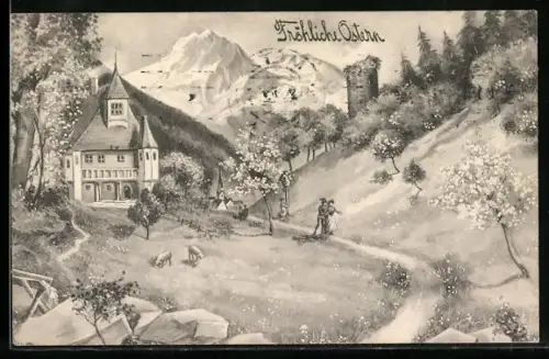 Künstler-AK V.K., Vienne Nr. 4182: Paar in sommerlicher Landschaft, Ostergruss