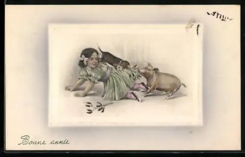 Künstler-AK V.K., Vienne Nr. 5066: Mädchen spielt mit Dackel und Schwein, Neujahrsgruss