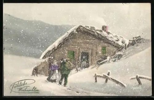 Künstler-AK V.K., Vienne Nr. 5310: Bauern vor Holzhaus be Schneefall, Weihnachtsgruss