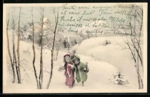 Künstler-AK V.K., Vienne Nr. 5101: Zwei Kinder in winterlicher Landschaft