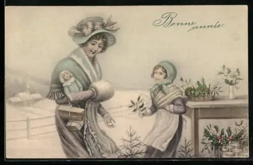 Künstler-AK V.K., Vienne Nr. 5003 /a: Mutter und Tochter mit Puppe und Mistelzweig im Arm