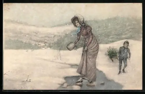 Künstler-AK V.K., Vienne Nr. 5100: Paar mit Schlitten am Bach