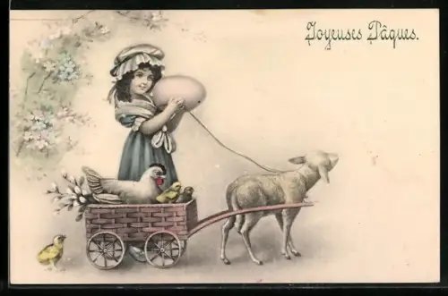 Künstler-AK V.K., Vienne Nr. 4023: Fräulein mit Lämmergespann, Ostergruss