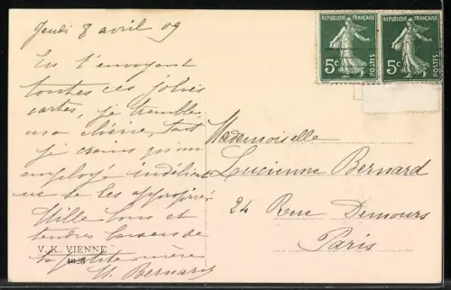 Künstler-AK V.K., Vienne Nr. 4023: Fräulein mit Lämmergespann, Ostergruss