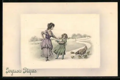 Künstler-AK V.K., Vienne Nr. 4043: Frau und Mädchen mit Osterkorb, Ostergruss