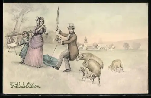 Künstler-AK V.K., Vienne Nr. 4154: Familie mit Lämmern, Ostergruss