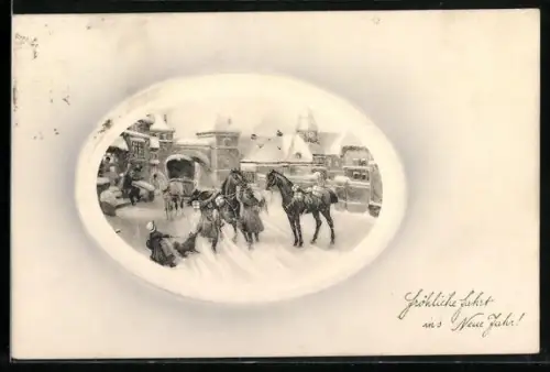 Künstler-AK V.K., Vienne Nr. 5147: Pferdewagen auf verschneiter Strasse, Neujahrsgruss