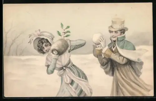 Künstler-AK V.K., Vienne Nr. 5017: Eleganter Herr wirft Schneeball auf Dame