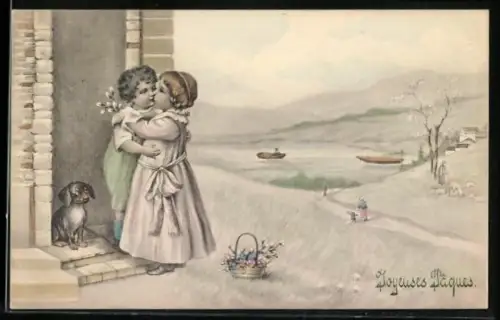 Künstler-AK V.K., Vienne Nr. 4059: Kinderpaar küsst sich, Ostergruss