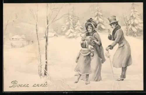 Künstler-AK V.K., Vienne Nr. 5101: Familie in winterlicher Landschaft, Neujahrsgruss