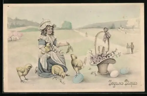 Künstler-AK V.K., Vienne Nr. 4054: Frau mit Osterküken, Ostergruss