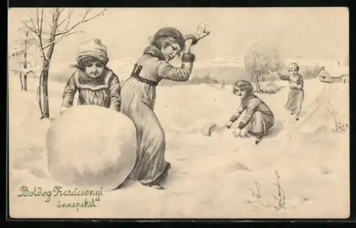 AK Kinder bauen einen Schneemann, Neujahr