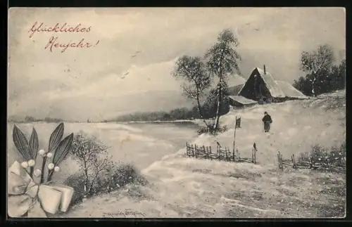 Künstler-AK V.K., Vienne Nr. 5010 /b: Frau in winterlicher Landschaft, Neujahrsgruss