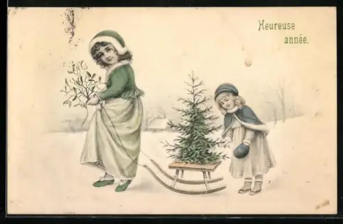 Künstler-AK V.K., Vienne Nr. 5504 /b: Junges Schwesternpaar beim Transport des Weihnachtsbaumes