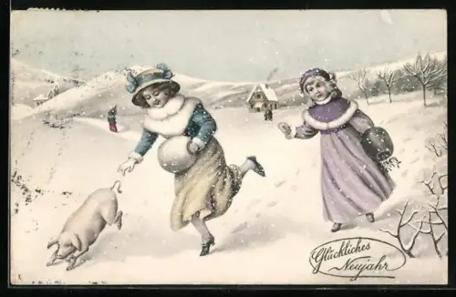 AK Kinder mit Schwein in einer winterlichen Landschaft