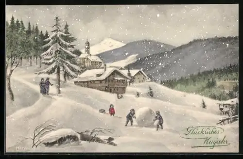 Künstler-AK V.K., Vienne Nr. 5314: Kinder mit Schneeball in Winterlandschaft, Neujahrsgruss