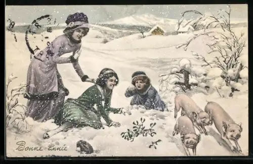 Künstler-AK V.K., Vienne Nr. 5253: Fräuleins mit Ferkeln im Schnee, Neujahrsgruss