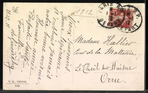 Künstler-AK V.K., Vienne Nr. 5253: Fräuleins mit Ferkeln im Schnee, Neujahrsgruss