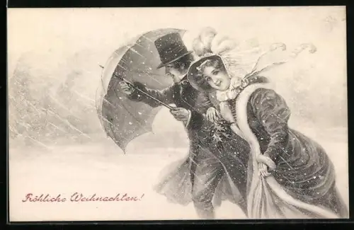 Künstler-AK V.K., Vienne Nr. 5001 /a: Bonne Année!, Mann und Frau laufen durch Wintersturm