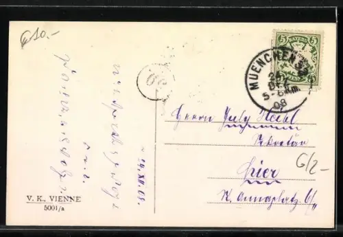 Künstler-AK V.K., Vienne Nr. 5001 /a: Bonne Année!, Mann und Frau laufen durch Wintersturm