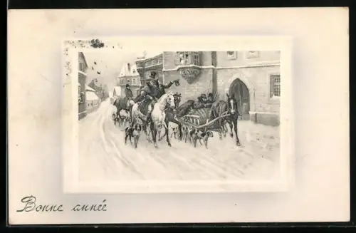 Künstler-AK V.K., Vienne Nr. 5971: Pferdeschlitten auf verschneiter Strasse, Neujahrsgruss
