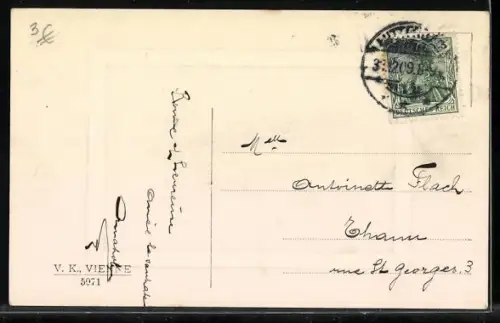 Künstler-AK V.K., Vienne Nr. 5971: Pferdeschlitten auf verschneiter Strasse, Neujahrsgruss